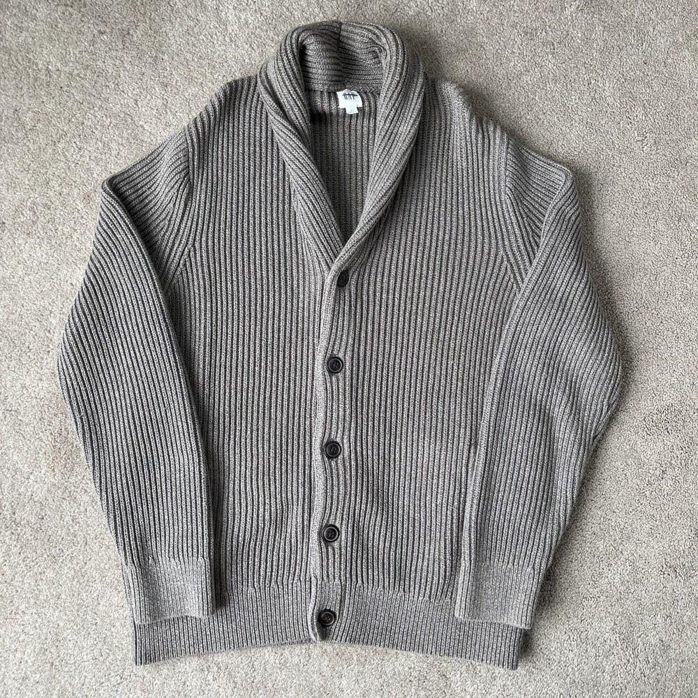 GAP Cardigan Sweater Men Large Tan Ribbed Shawl Collar Pockets Button Up Cotton